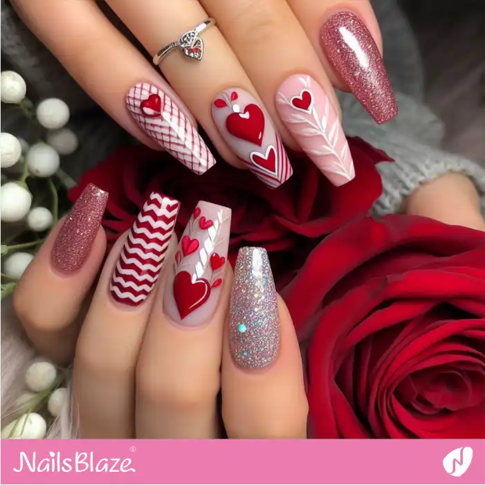 Valentine Nails with Hearts and Glitter Design | Valentine Nails - NB2795